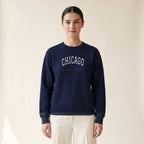 Model wearing the Chicago North Side Baseball Chicago Arch embroidered crewneck