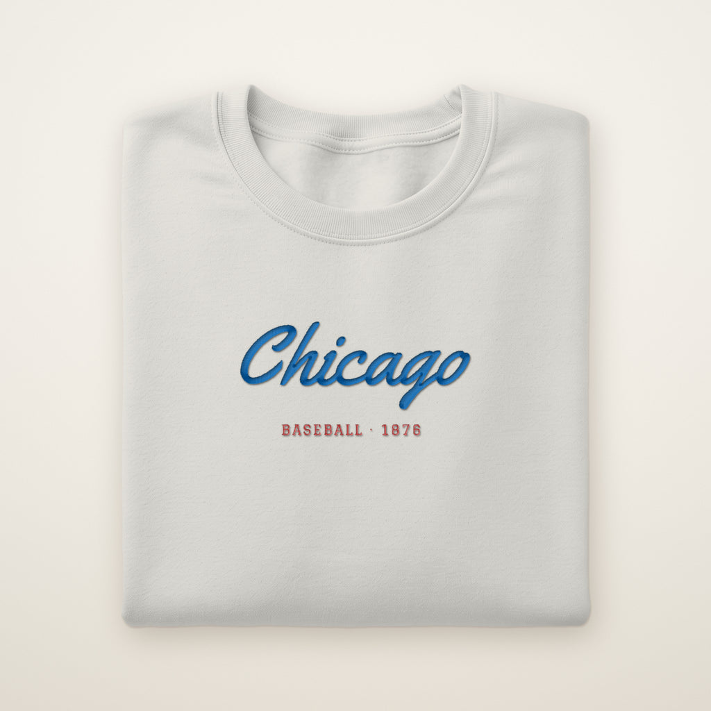 Chicago North Side Baseball Embroidered Crewneck — Chicago Script in Ash, flat lay