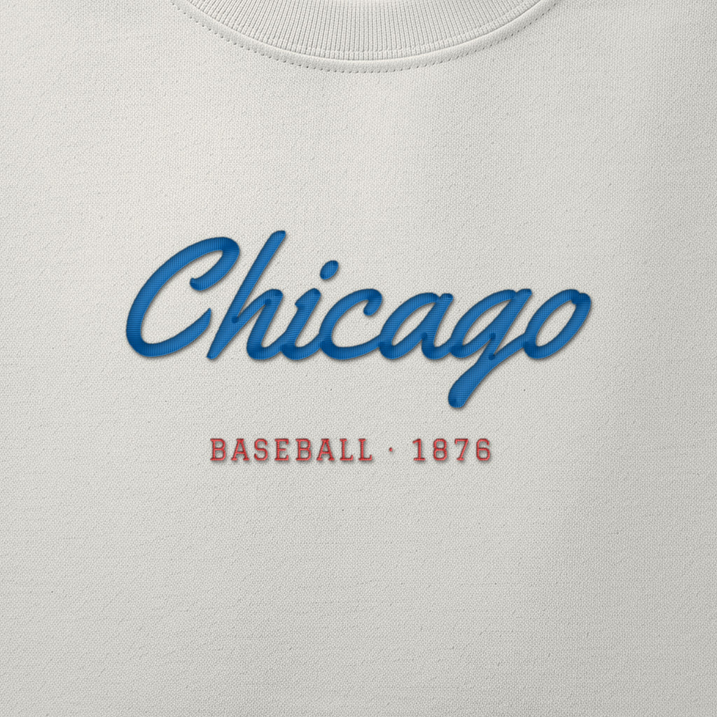 Close-up of the royal blue & red satin-stitch Chicago Script embroidery