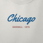 Close-up of the royal blue & red satin-stitch Chicago Script embroidery
