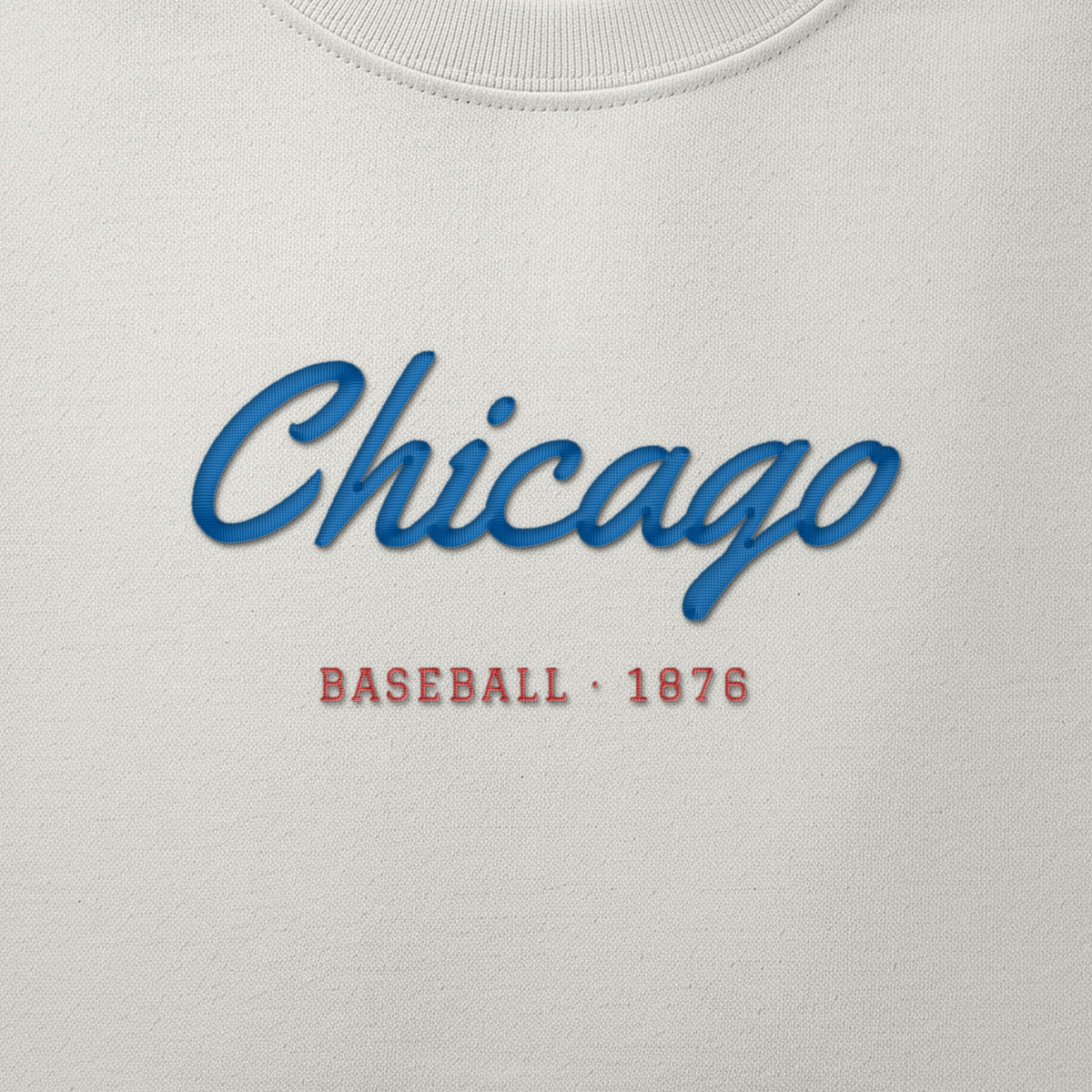 Close-up of the royal blue & red satin-stitch Chicago Script embroidery