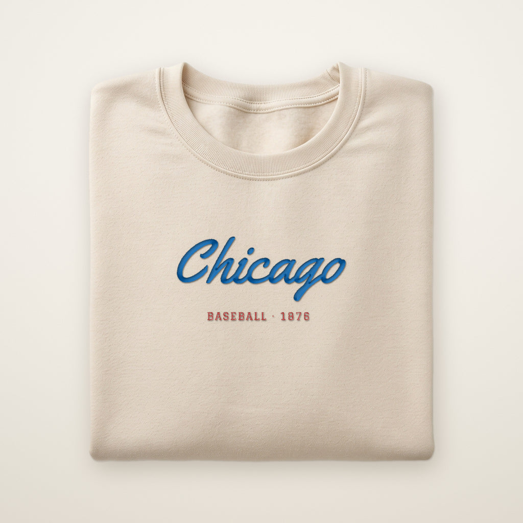 Chicago North Side Baseball Embroidered Crewneck — Chicago Script in Sand, flat lay