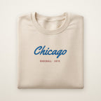 Chicago North Side Baseball Embroidered Crewneck — Chicago Script in Sand, flat lay