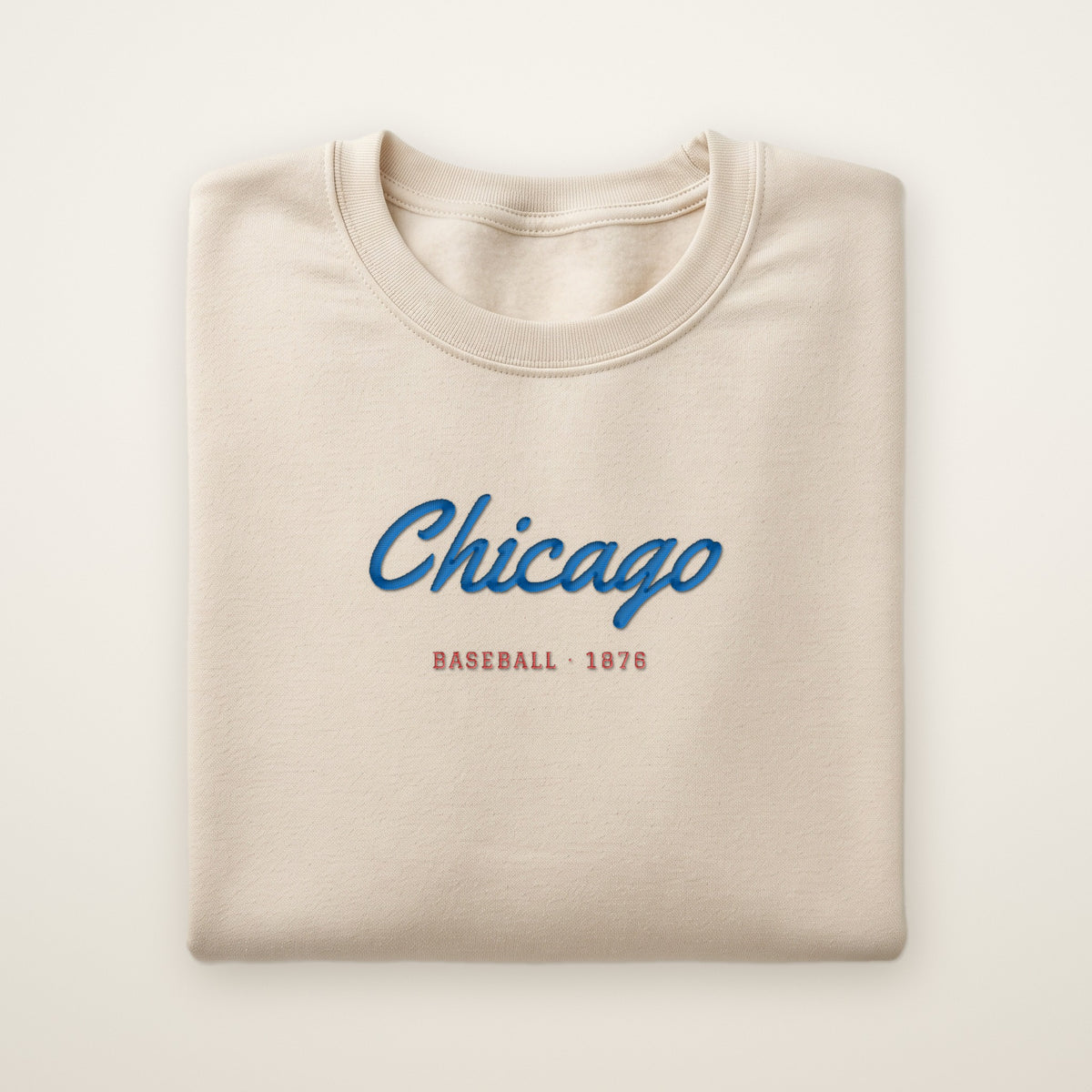 Chicago North Side Baseball Embroidered Crewneck — Chicago Script in Sand, flat lay