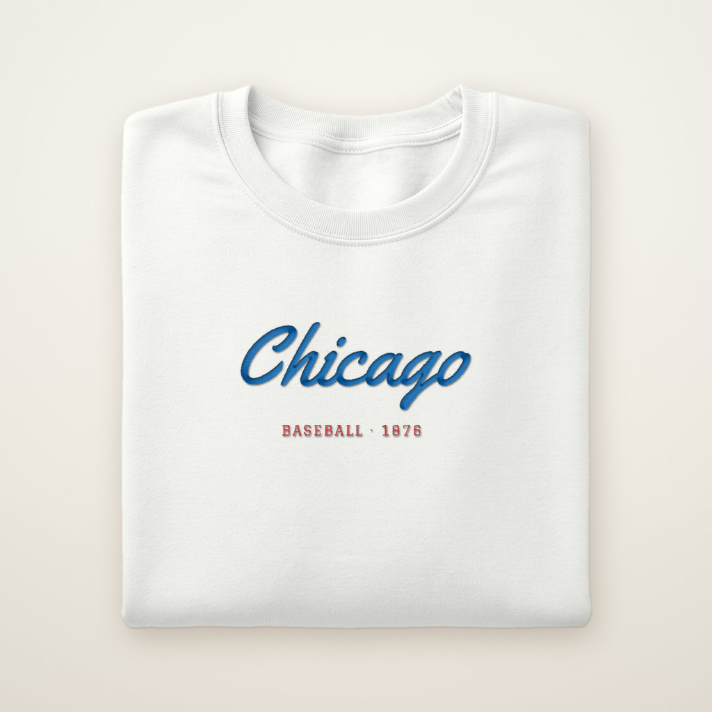 Chicago North Side Baseball Embroidered Crewneck — Chicago Script in White, flat lay
