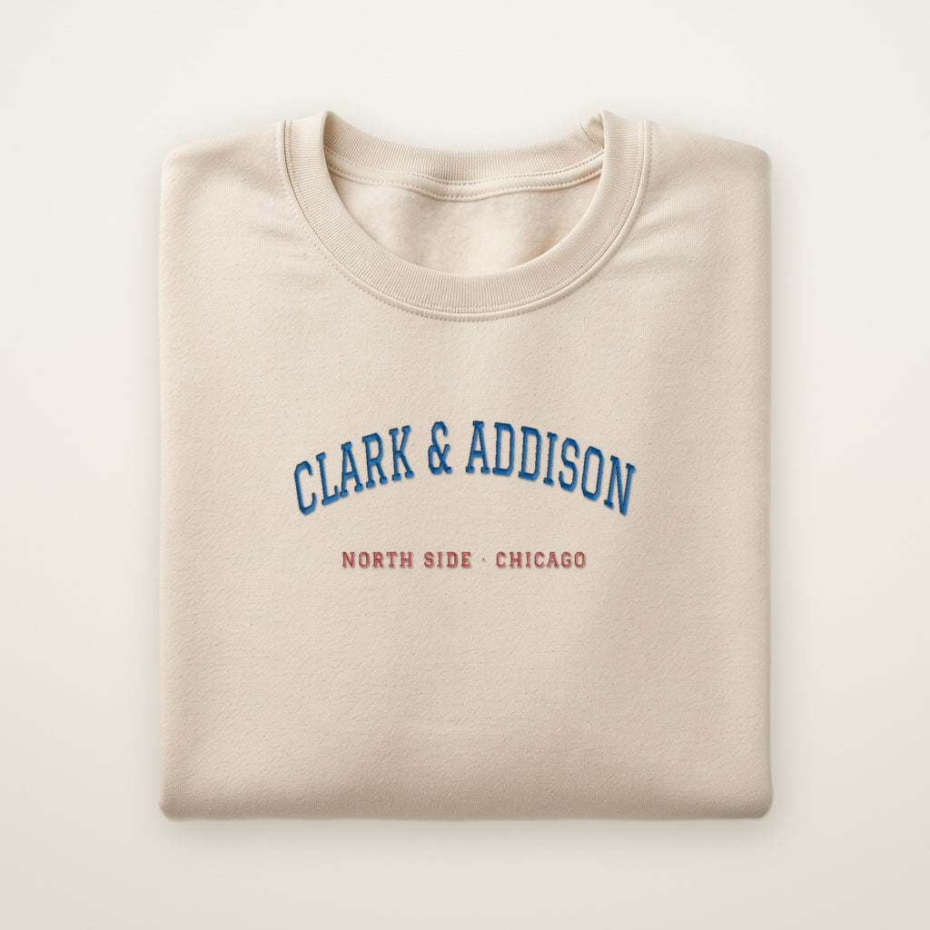 Chicago North Side Baseball Embroidered Crewneck — Clark & Addison in Sand, flat lay