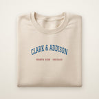 Chicago North Side Baseball Embroidered Crewneck — Clark & Addison in Sand, flat lay