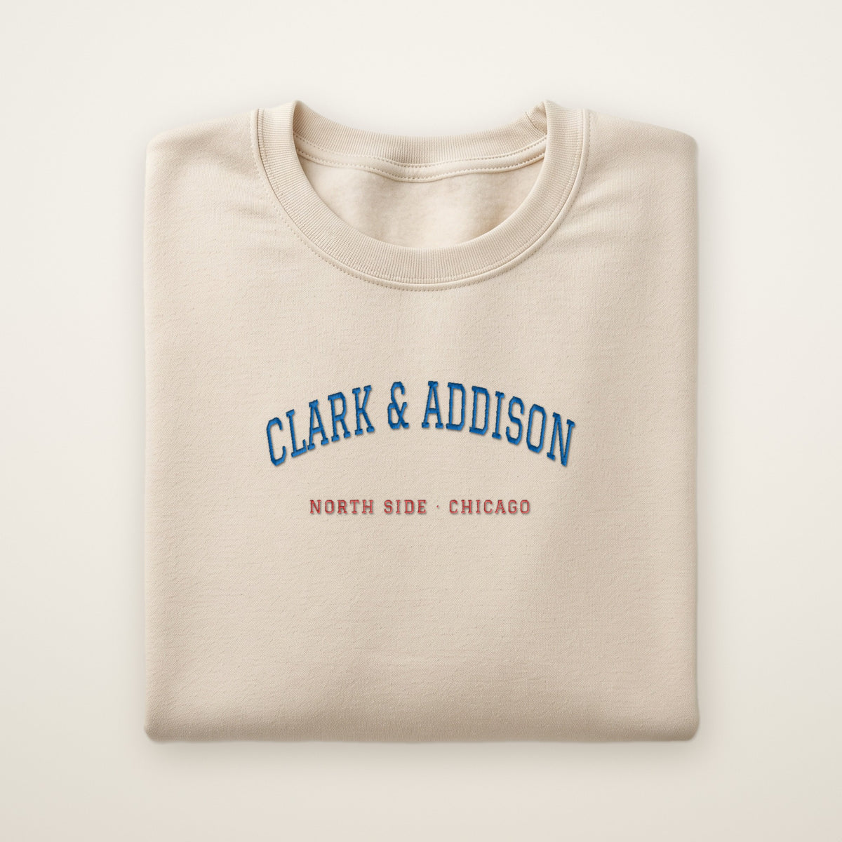 Chicago North Side Baseball Embroidered Crewneck — Clark & Addison in Sand, flat lay