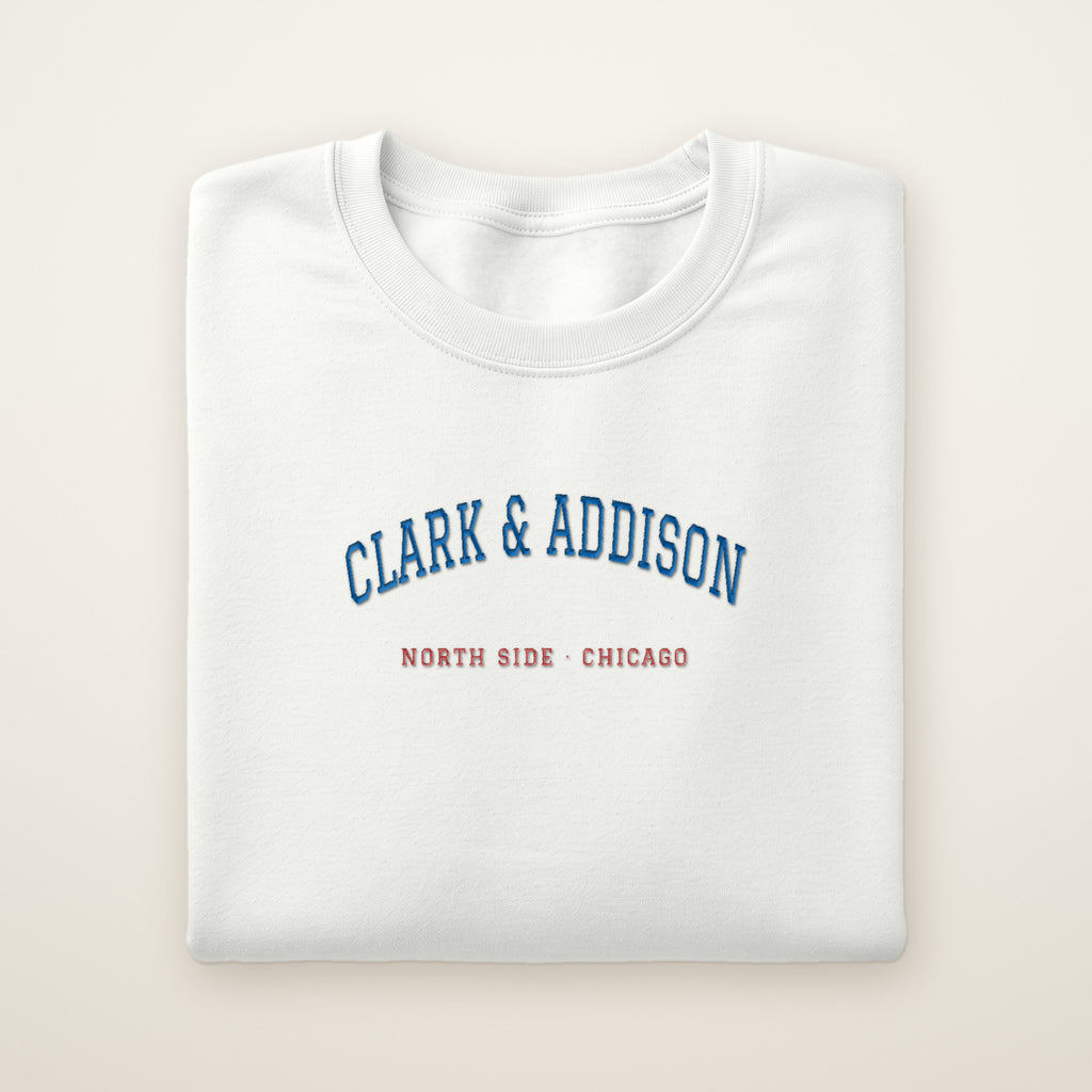 Chicago North Side Baseball Embroidered Crewneck — Clark & Addison in White, flat lay