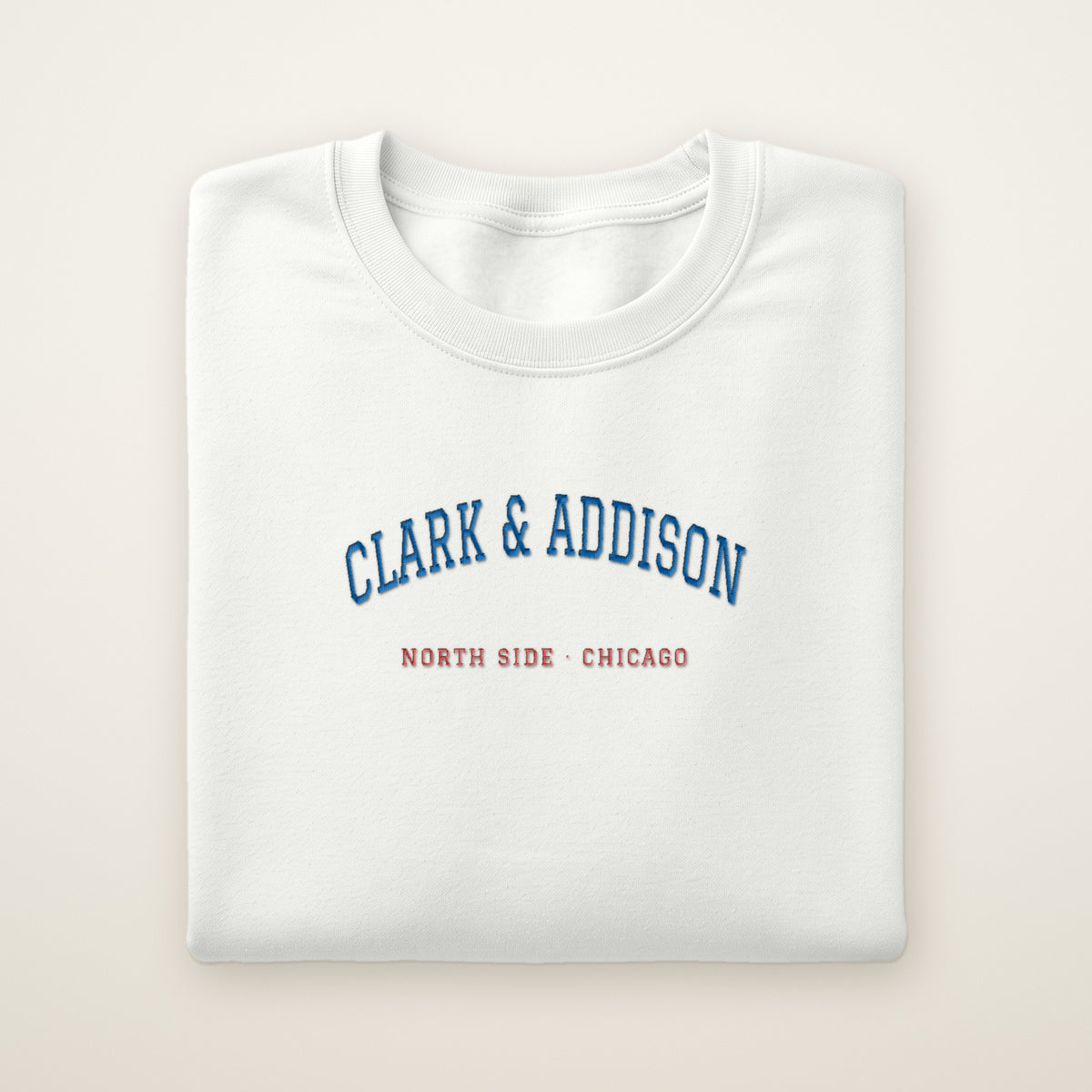 Chicago North Side Baseball Embroidered Crewneck — Clark & Addison in White, flat lay