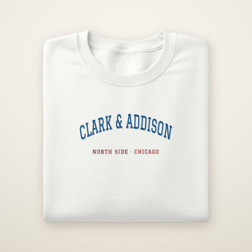 Chicago North Side Baseball Embroidered Crewneck — Clark & Addison in White, flat lay