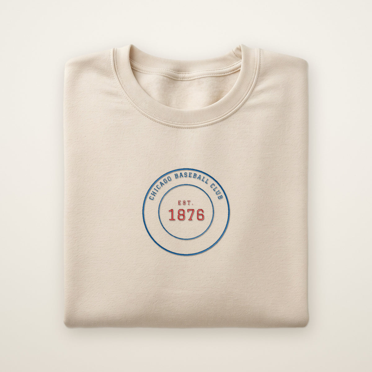 Chicago North Side Baseball Embroidered Crewneck — Club Crest in Sand, flat lay