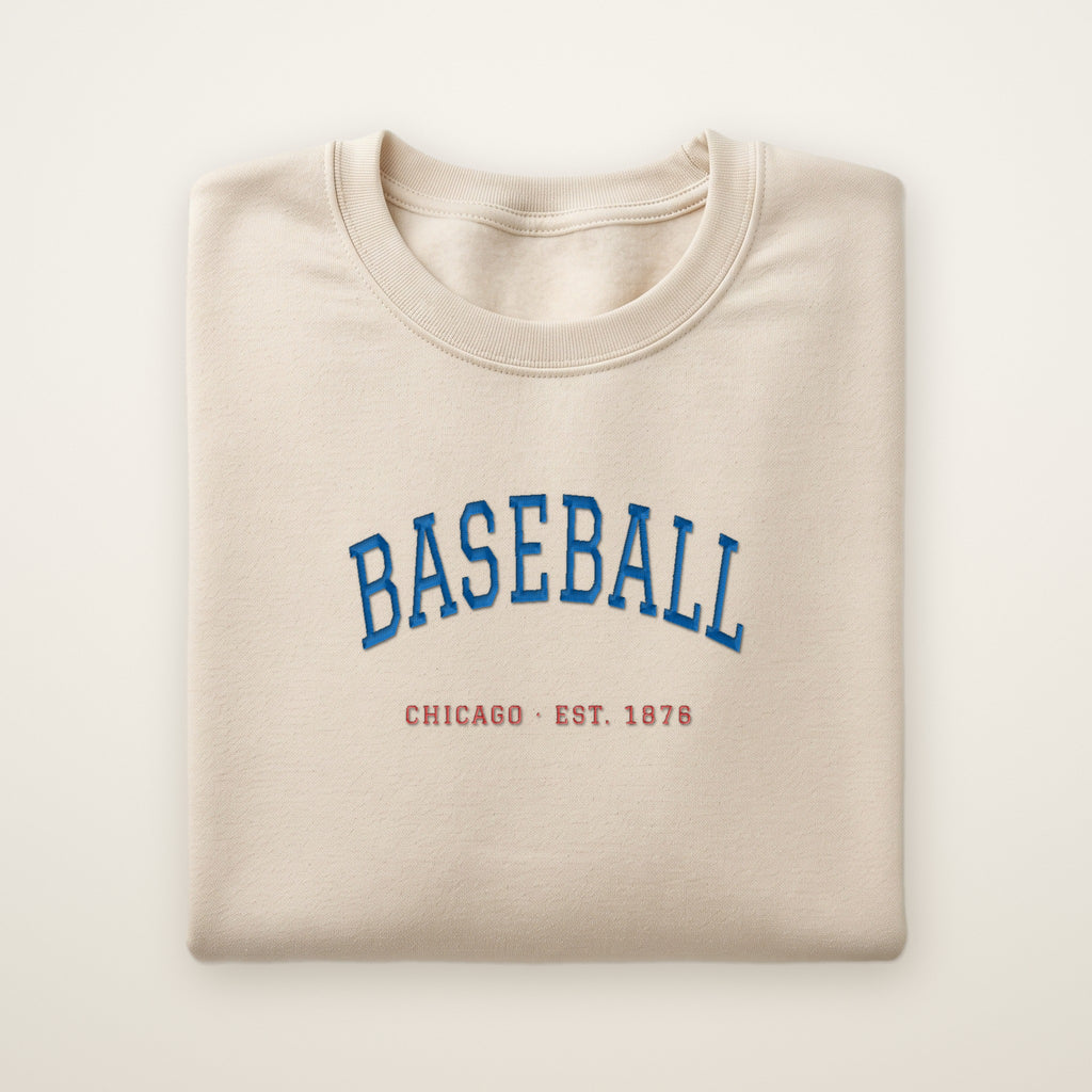 Chicago North Side Baseball Embroidered Crewneck — Est. 1876 in Sand, flat lay