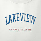 Close-up of the royal blue & red satin-stitch Lakeview embroidery