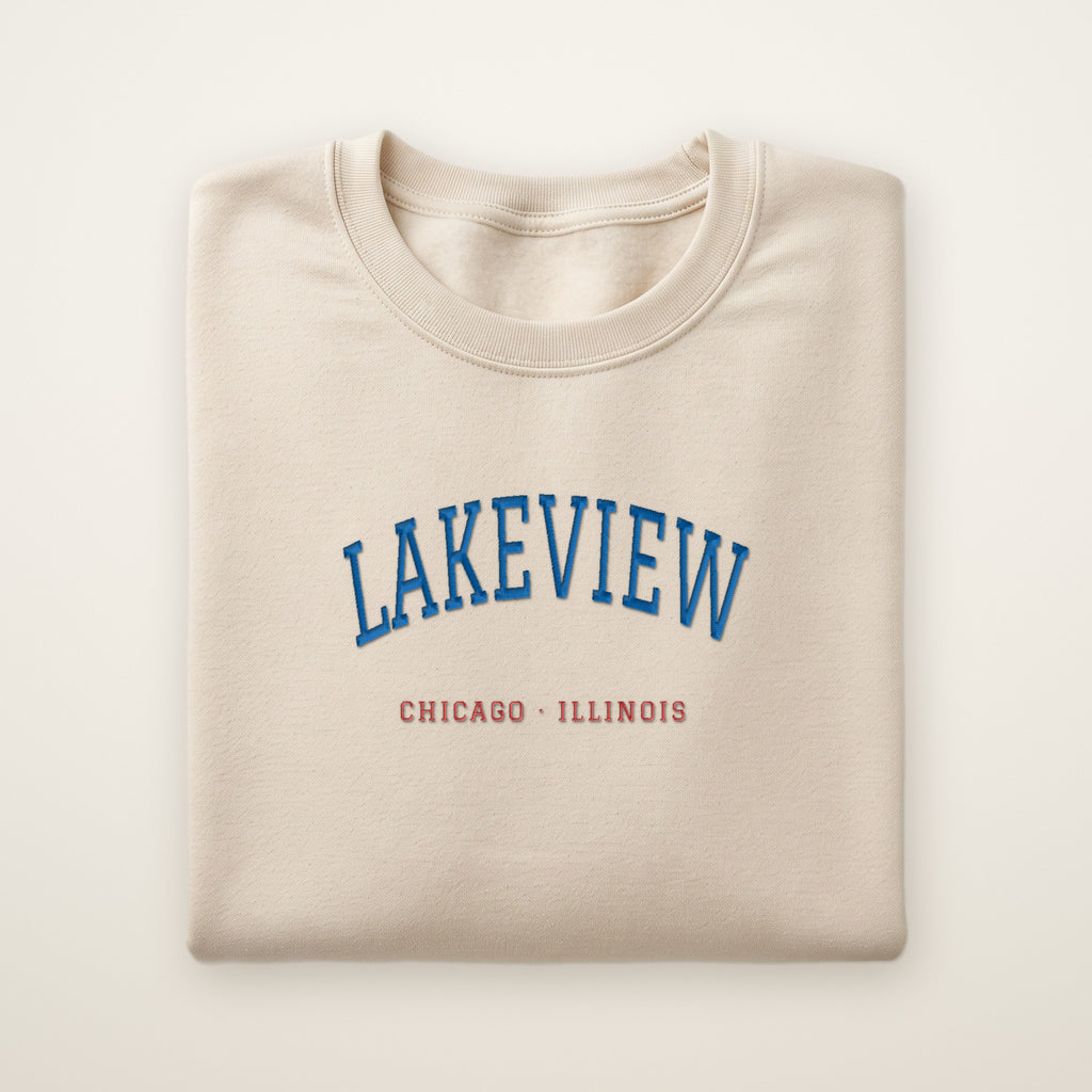 Chicago North Side Baseball Embroidered Crewneck — Lakeview in Sand, flat lay