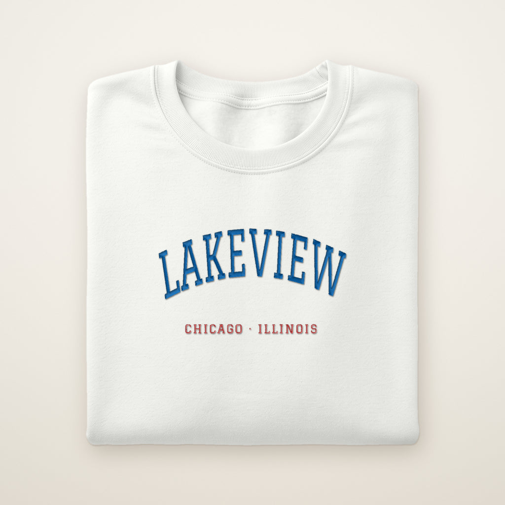 Chicago North Side Baseball Embroidered Crewneck — Lakeview in White, flat lay