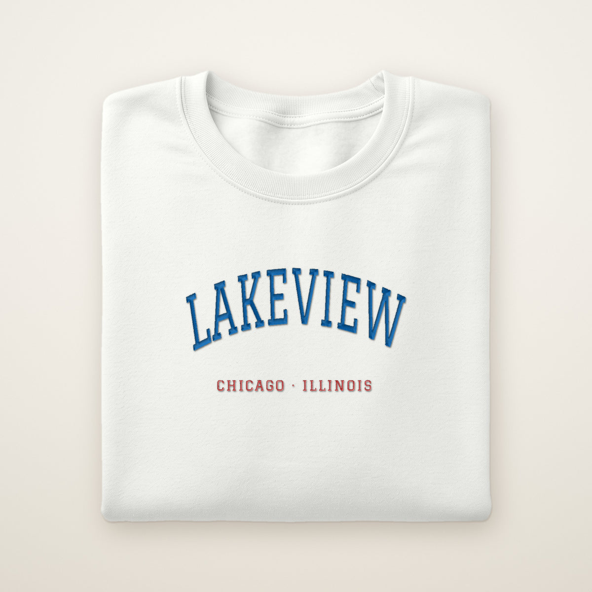 Chicago North Side Baseball Embroidered Crewneck — Lakeview in White, flat lay