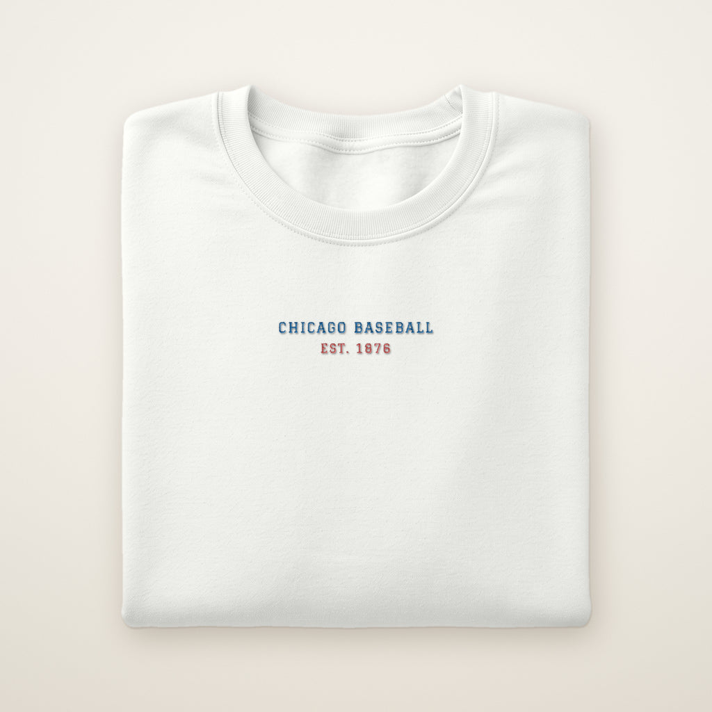 Chicago North Side Baseball Embroidered Crewneck — Minimal in White, flat lay