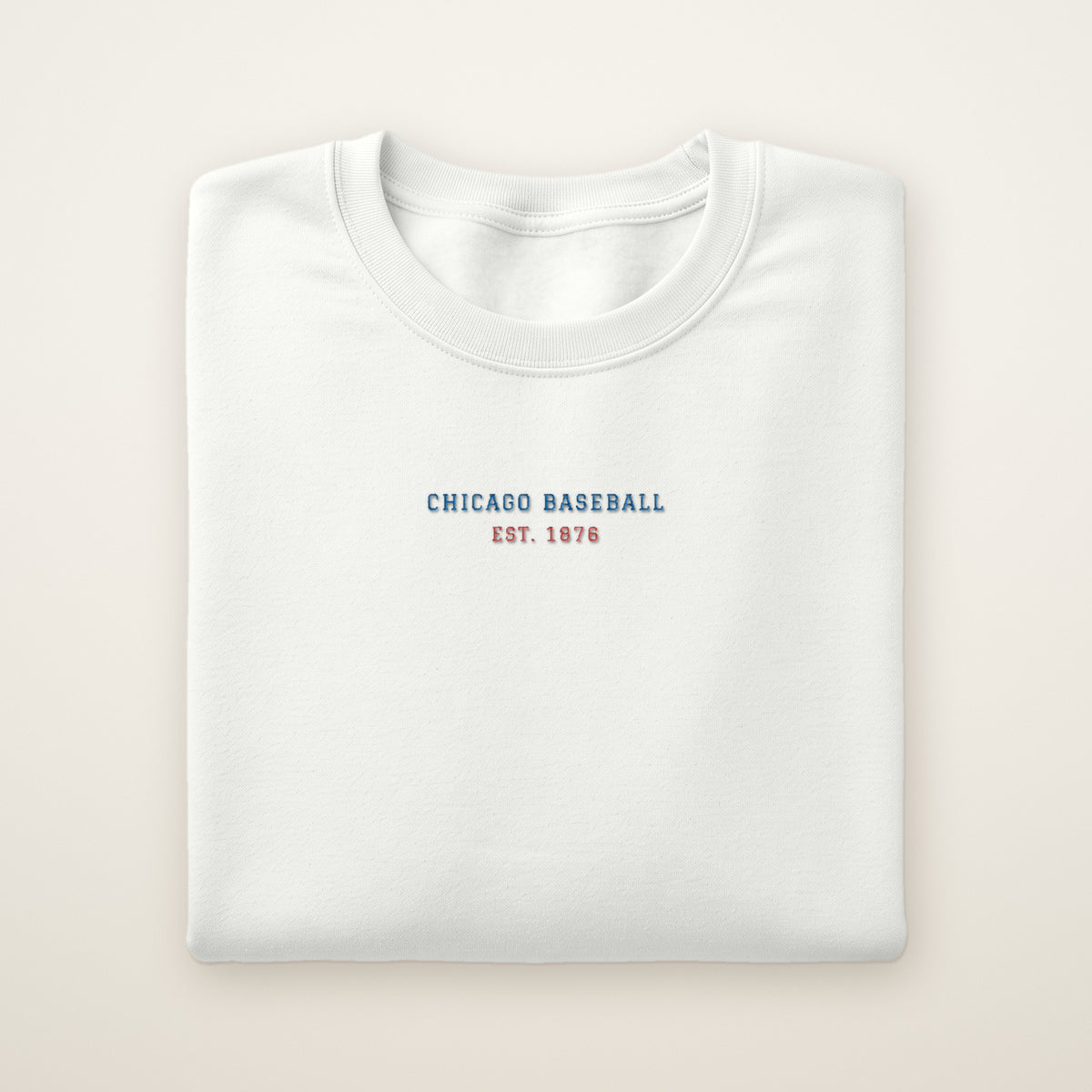 Chicago North Side Baseball Embroidered Crewneck — Minimal in White, flat lay
