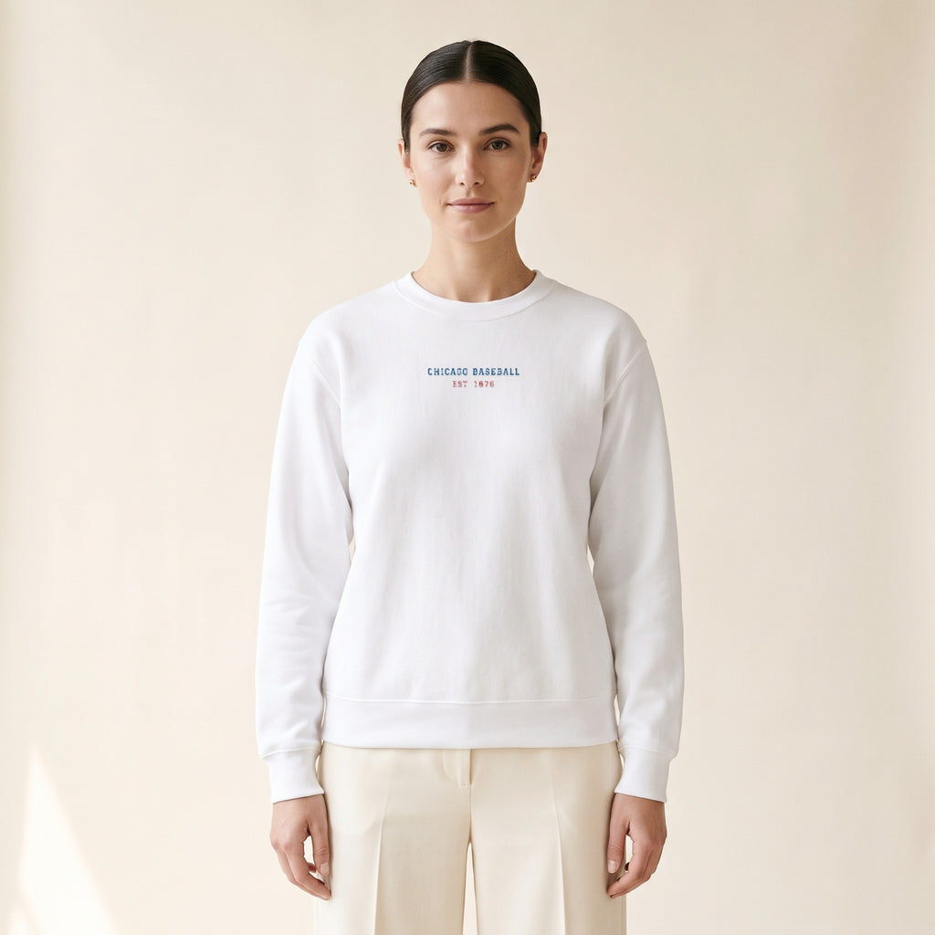 Model wearing the Chicago North Side Baseball Minimal embroidered crewneck
