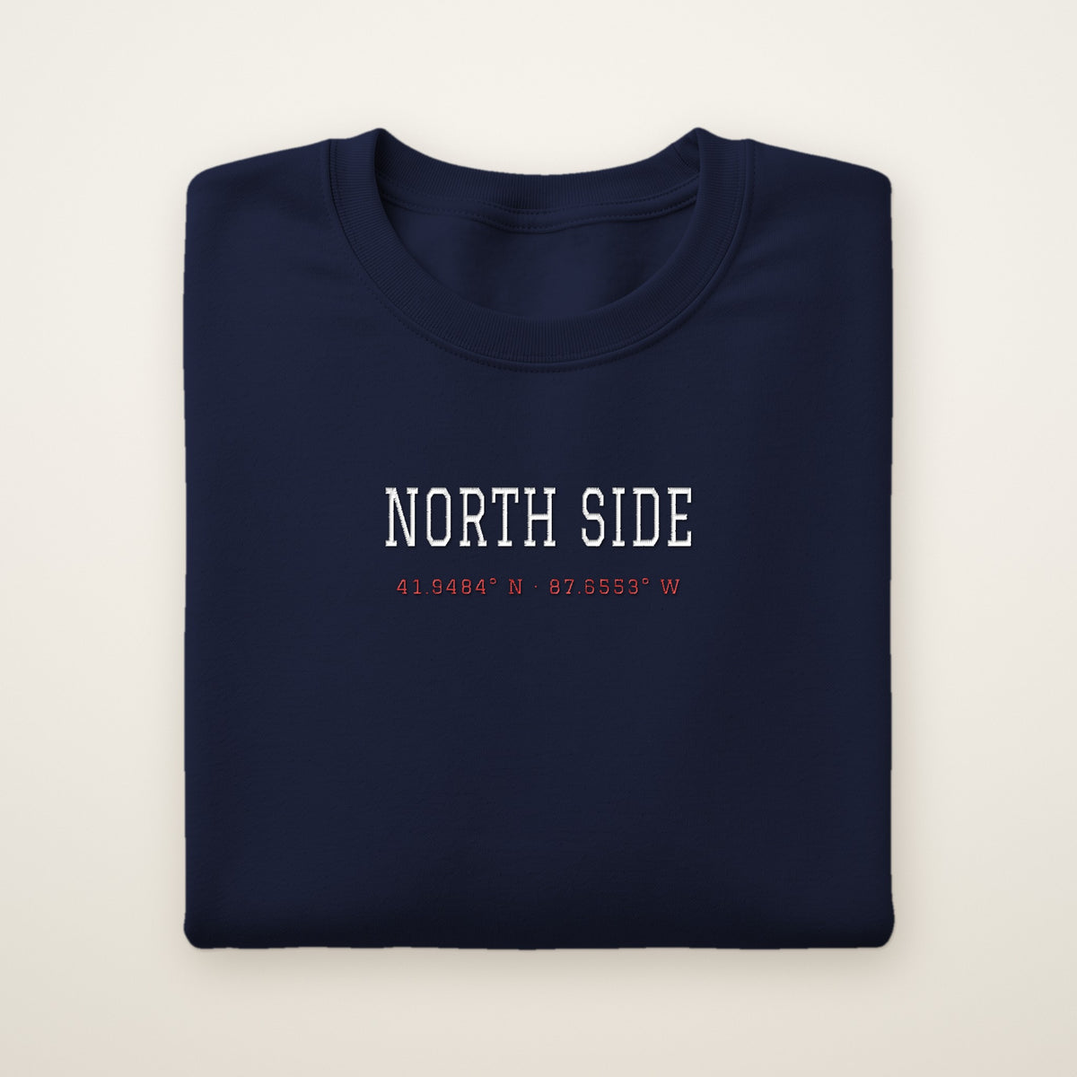 Chicago North Side Baseball Embroidered Crewneck — North Side Coordinates in Navy, flat lay