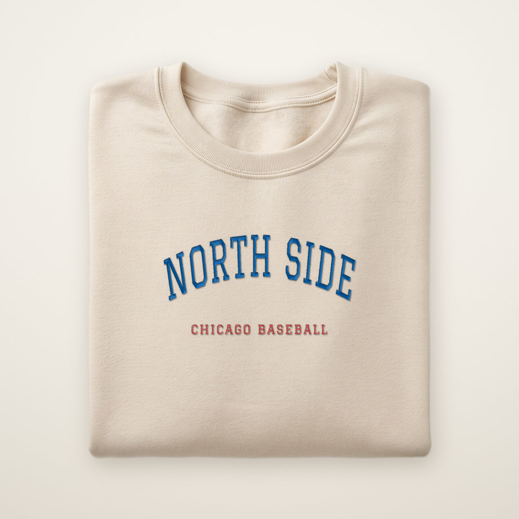 Chicago North Side Baseball Embroidered Crewneck — North Side in Sand, flat lay