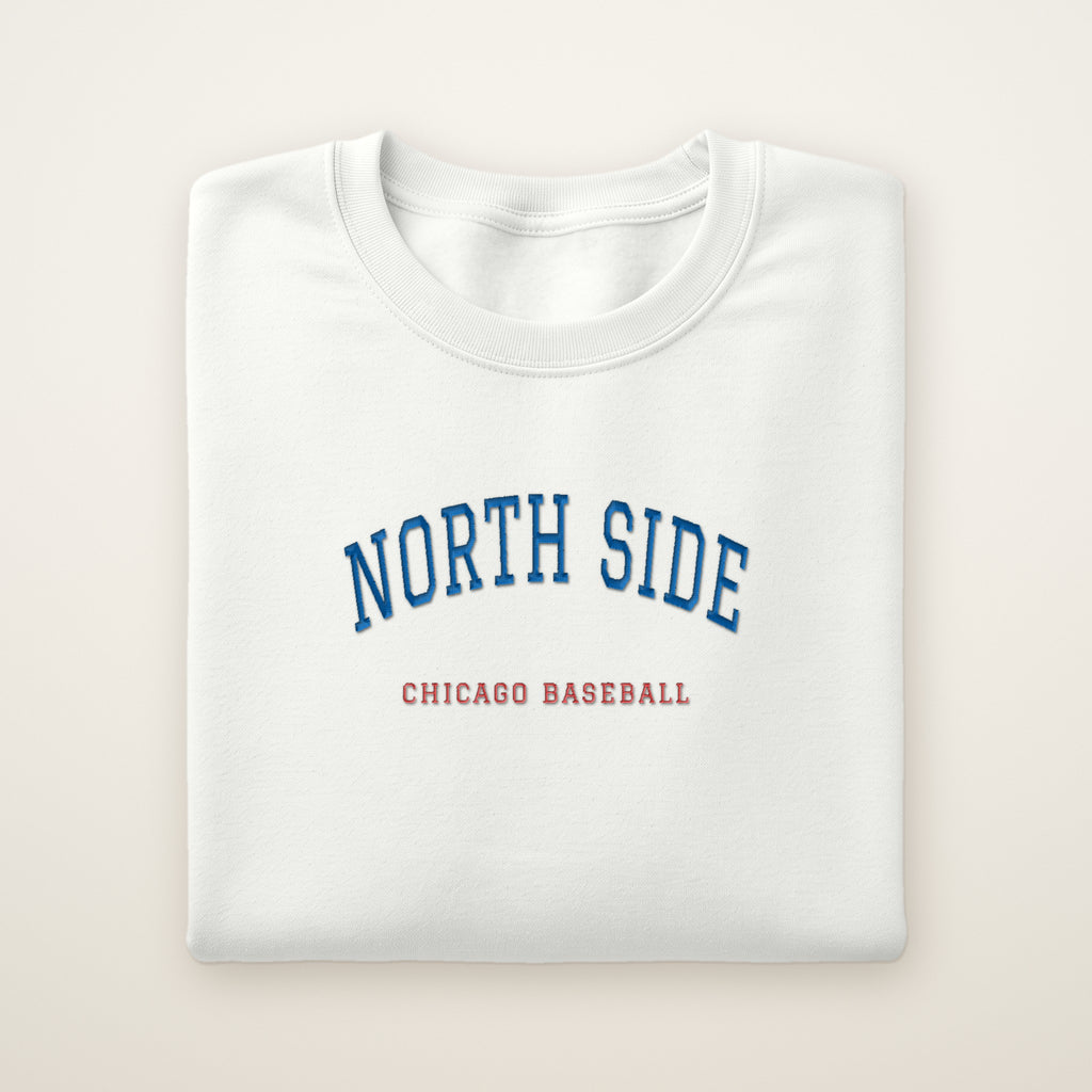 Chicago North Side Baseball Embroidered Crewneck — North Side in White, flat lay