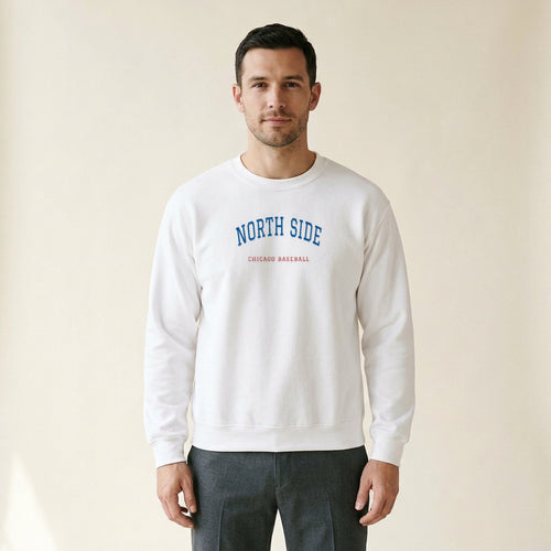 Model wearing the Chicago North Side Baseball North Side embroidered crewneck
