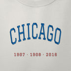 Close-up of the royal blue & red satin-stitch Title Years embroidery