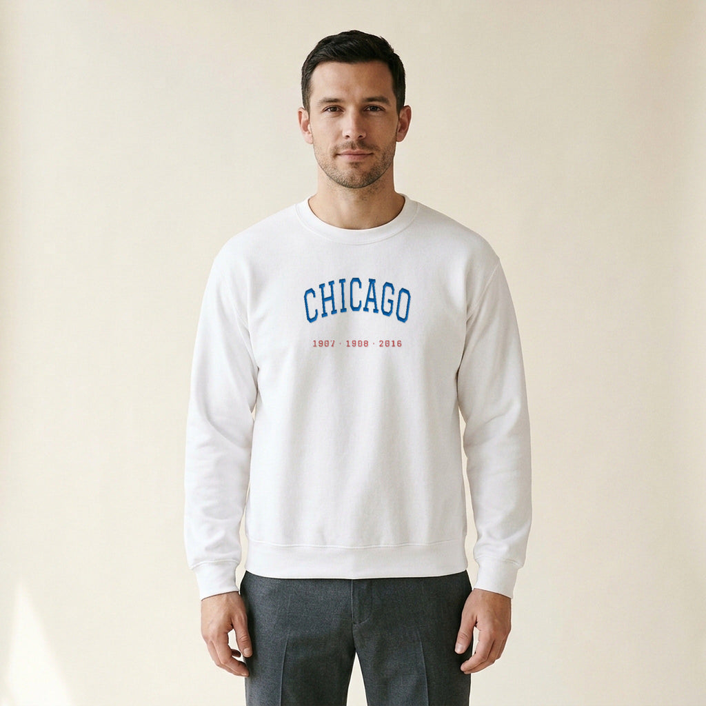 Model wearing the Chicago North Side Baseball Title Years embroidered crewneck