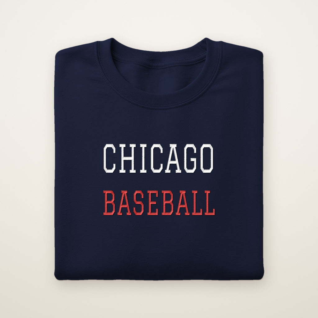 Chicago North Side Baseball Embroidered Crewneck — Varsity in Navy, flat lay