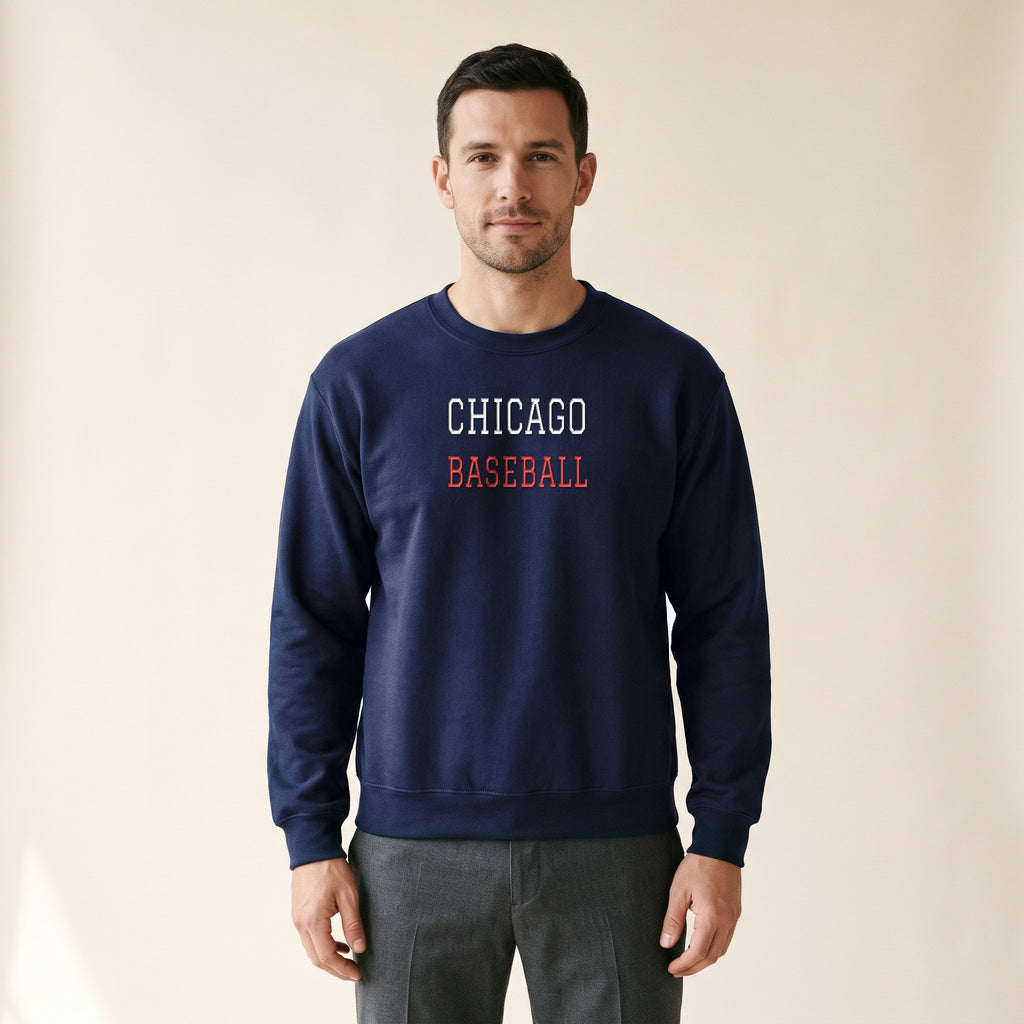 Model wearing the Chicago North Side Baseball Varsity embroidered crewneck