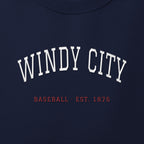 Close-up of the white & red satin-stitch Windy City embroidery