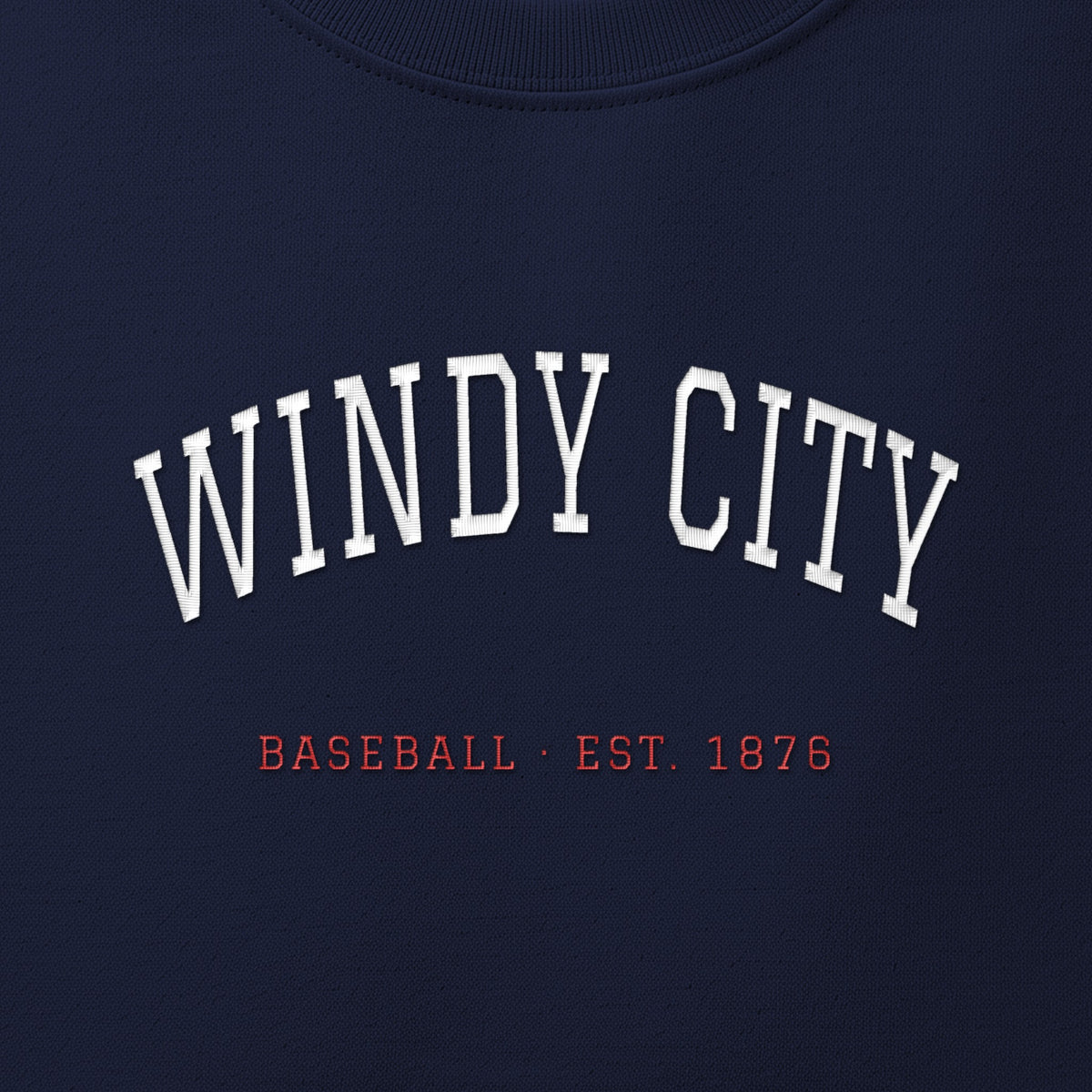 Close-up of the white & red satin-stitch Windy City embroidery