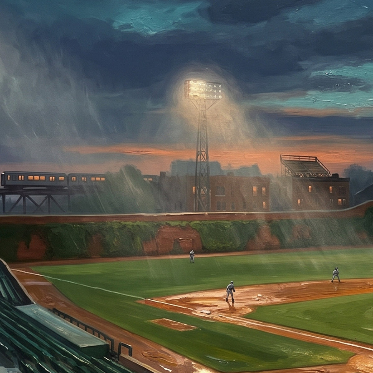 Chicago North Side ballpark painting, brushwork detail