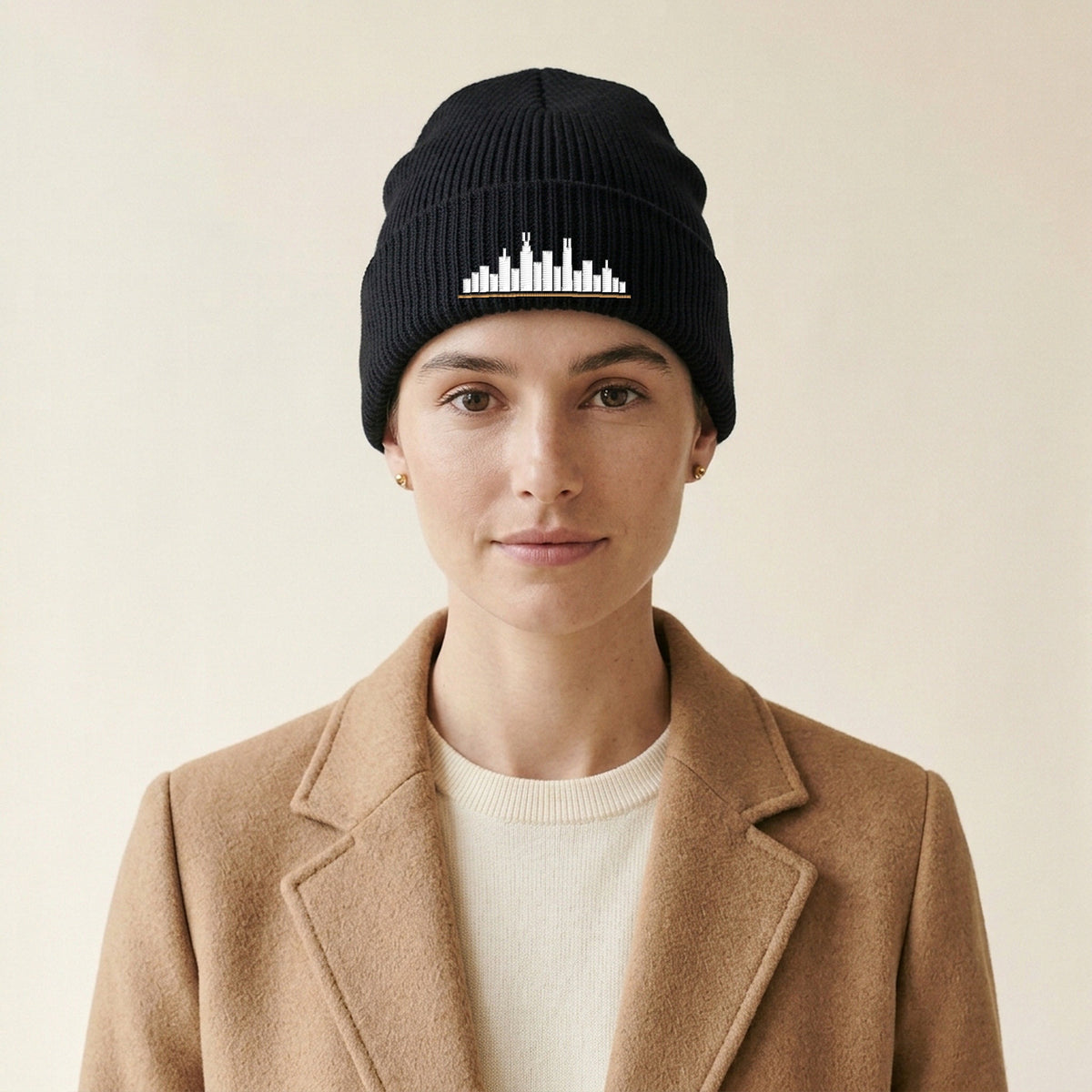 Model wearing the Chicago Skyline Embroidered Cuffed Beanie in Black