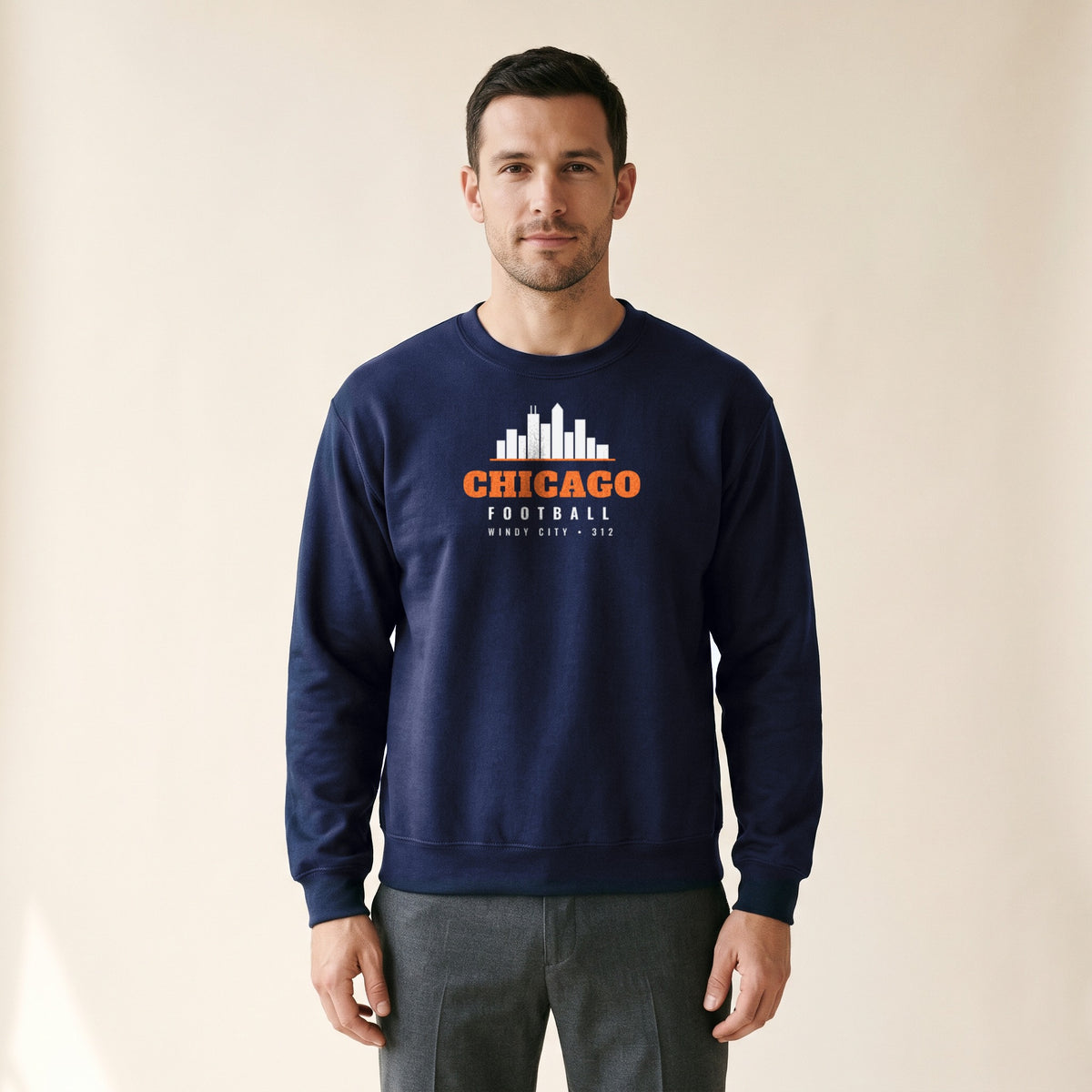 Model wearing the Chicago Skyline Football Crewneck — 312 in Navy