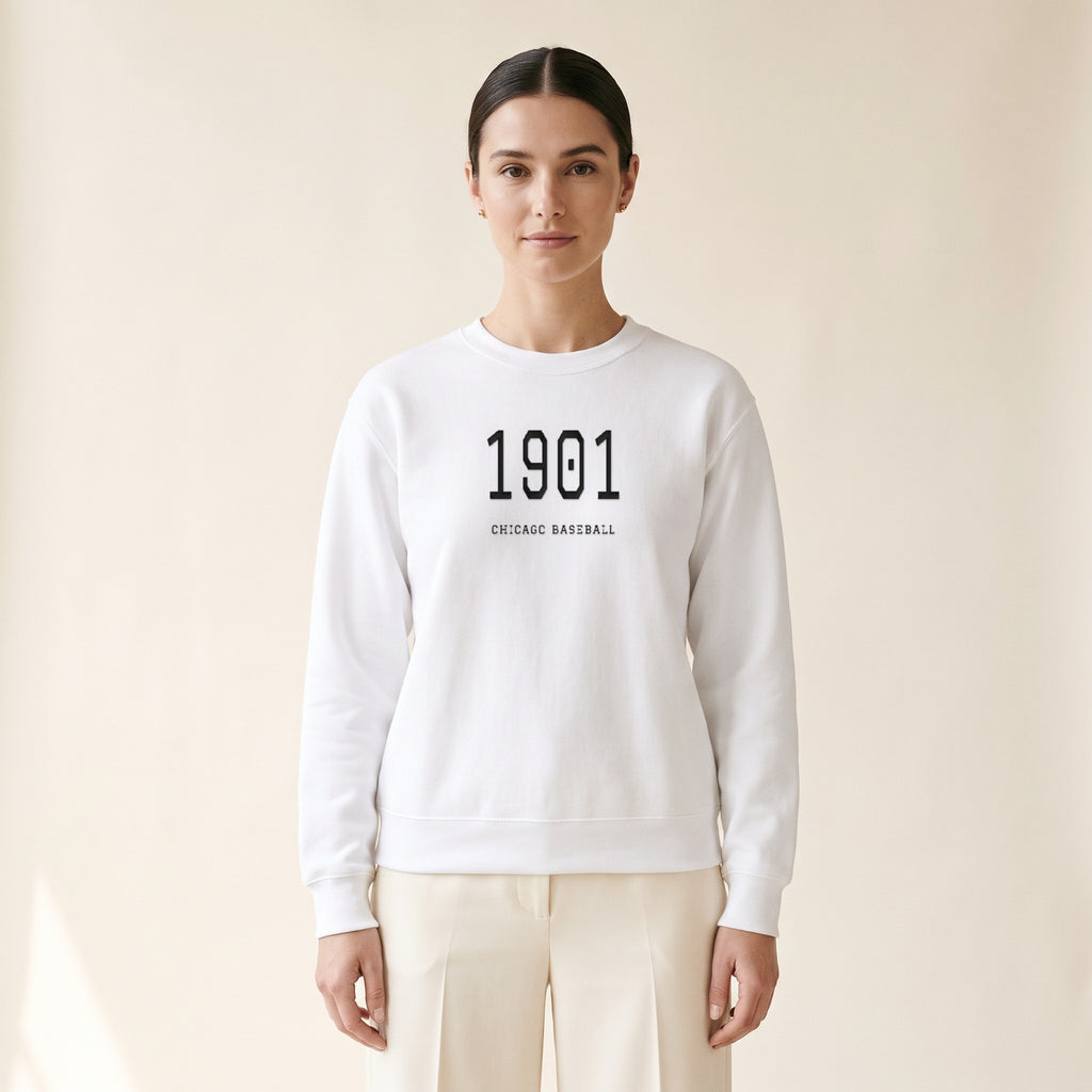 Model wearing the Chicago South Side Baseball 1901 embroidered crewneck