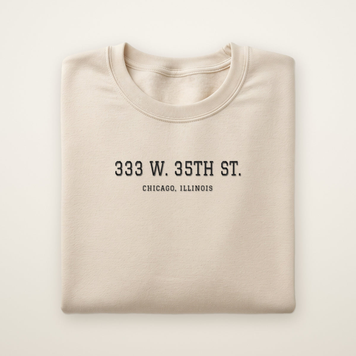 Chicago South Side Baseball Embroidered Crewneck — 333 W. 35th St. in Sand, flat lay