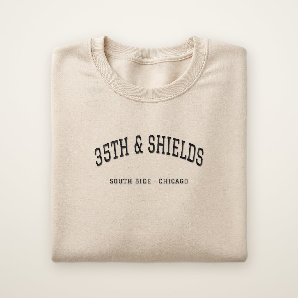 Chicago South Side Baseball Embroidered Crewneck — 35th & Shields in Sand, flat lay