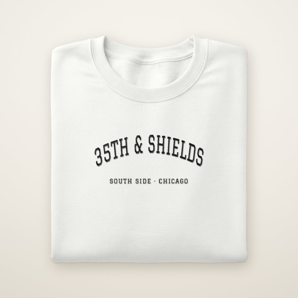 Chicago South Side Baseball Embroidered Crewneck — 35th & Shields in White, flat lay