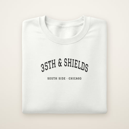 Chicago South Side Baseball Embroidered Crewneck — 35th & Shields in White, flat lay