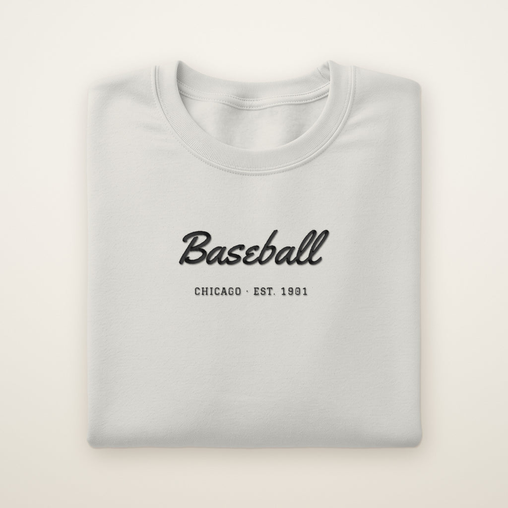 Chicago South Side Baseball Embroidered Crewneck — Baseball Script in Ash, flat lay
