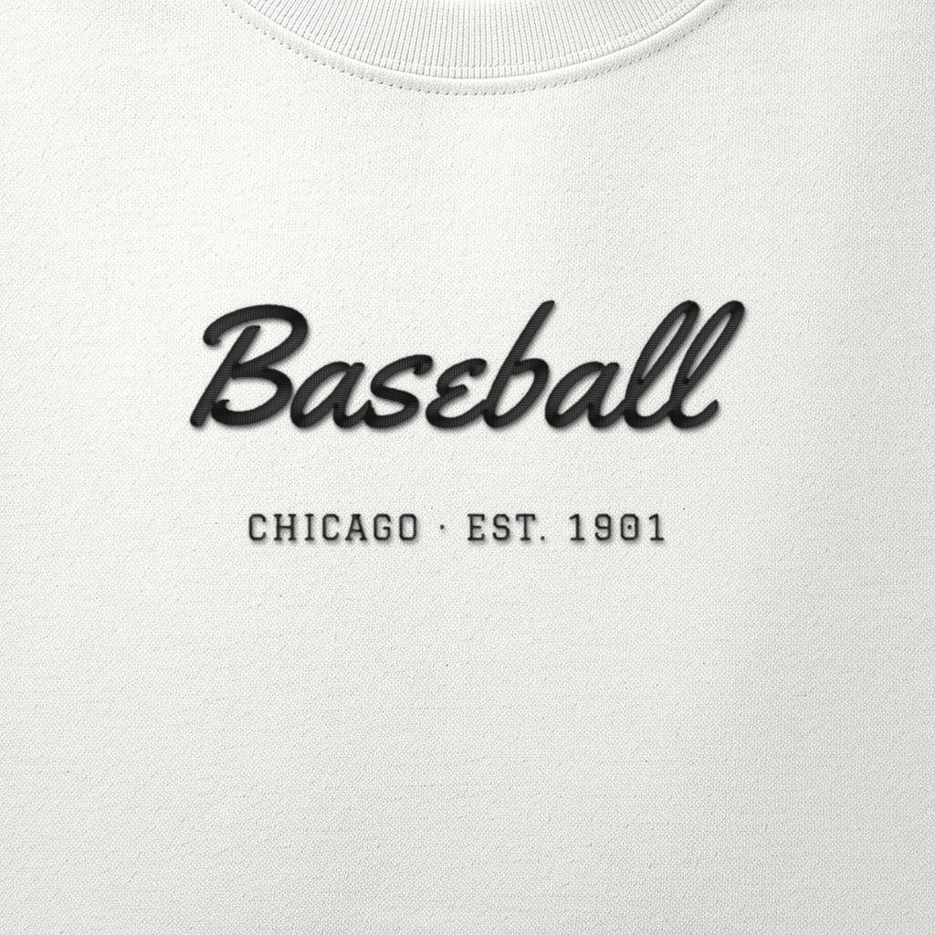 Close-up of the black satin-stitch Baseball Script embroidery