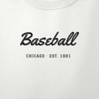 Close-up of the black satin-stitch Baseball Script embroidery
