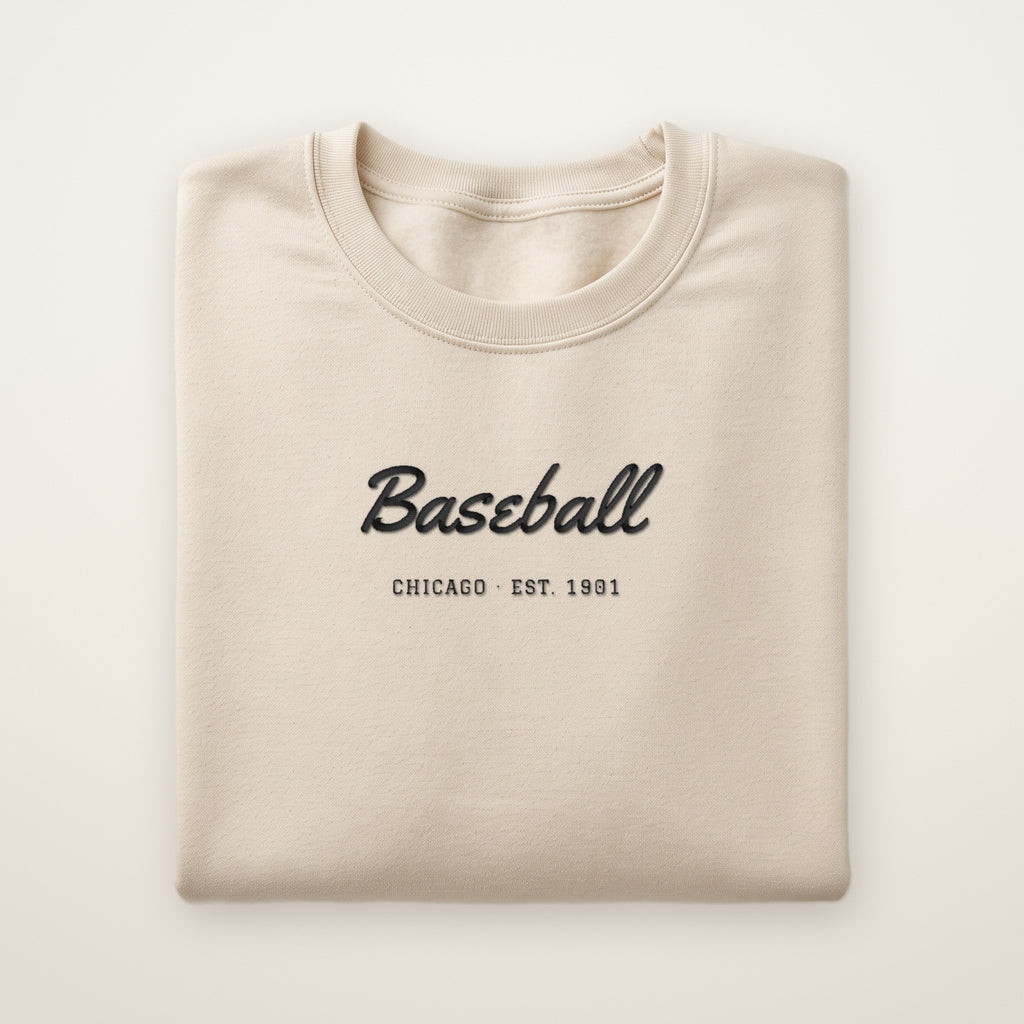 Chicago South Side Baseball Embroidered Crewneck — Baseball Script in Sand, flat lay