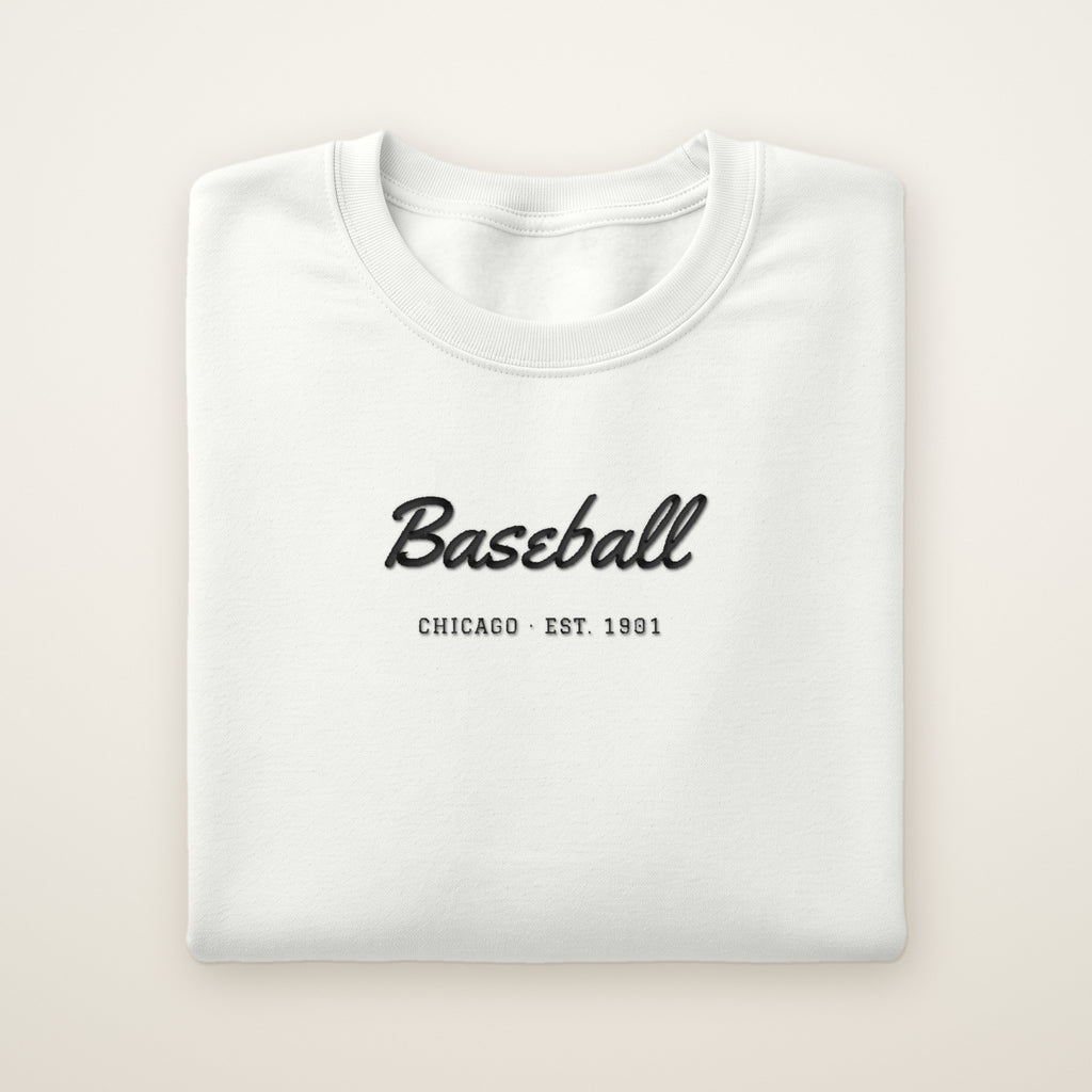 Chicago South Side Baseball Embroidered Crewneck — Baseball Script in White, flat lay