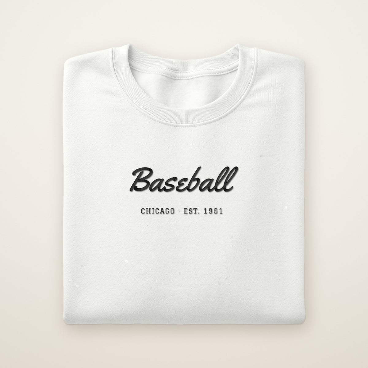 Chicago South Side Baseball Embroidered Crewneck — Baseball Script in White, flat lay