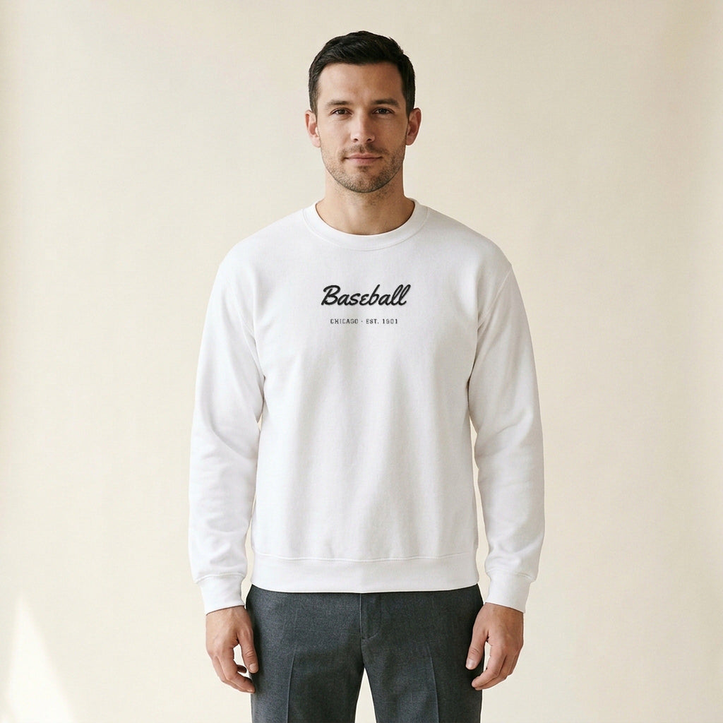 Model wearing the Chicago South Side Baseball Baseball Script embroidered crewneck