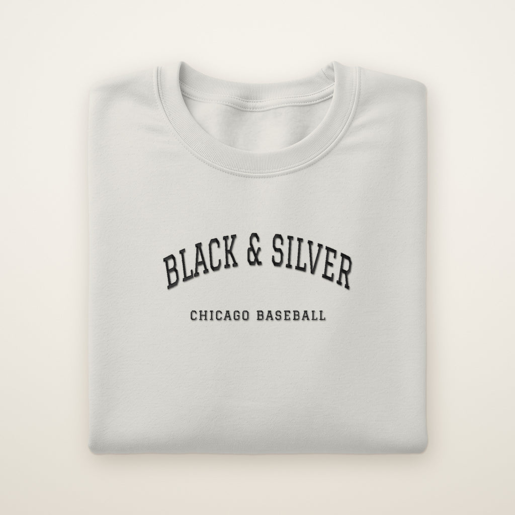 Chicago South Side Baseball Embroidered Crewneck — Black & Silver in Ash, flat lay